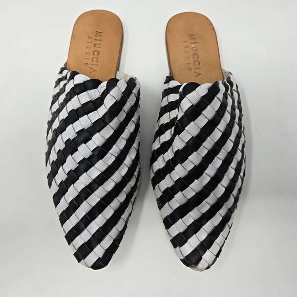 MIUCCIA STUDIO BLACK WHITE LEATHER MULES SLIP ON HAND WOVEN WOMENS EU 42 US 12 - Picture 2 of 6